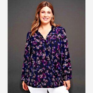 Lane Bryant Blouse Top Satin Ruched-Shoulder Women's Size 18 Blue Long Sleeves